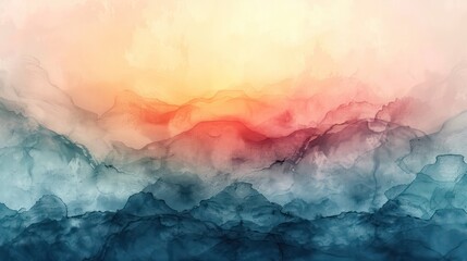 Poster - A painting of mountains with a sunset in the background