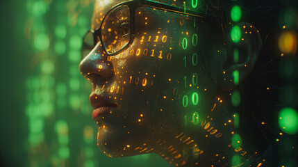 Wall Mural - A woman's face is projected onto a green screen with a lot of numbers. Concept of technology and artificial intelligence, as the woman's face is made up of binary code