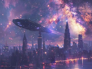 Wall Mural - Futuristic cityscape with a spaceship hovering above skyscrapers under a vibrant, starry sky, blending sci-fi and urban themes.