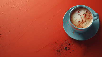 Wall Mural - A blue coffee cup sits on a red table. The coffee is steaming and the cup is filled to the brim. Concept of warmth and comfort, as the coffee cup is a symbol of relaxation