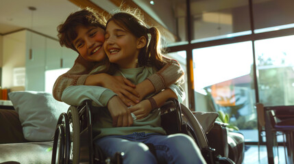 A loving brother hugs his disabled sister, who is sitting in a wheelchair. Two children are happy to have each other's company in the living room