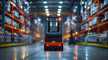 AI-managed forklift performing storage operations in a high-tech warehouse, showcasing the use of robotics in industrial logistics