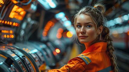 Wall Mural - Female engineer in orange uniform at control panel. Female engineer in an orange uniform works at a control panel in a high-tech environment, illuminated by various lights.