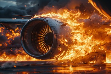 Wall Mural - Airplane Engine Fire on Runway During Daylight Hours