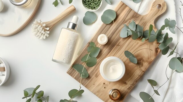 Set of natural organic SPA beauty products on wooden board with eucalyptus leaves mockup concept