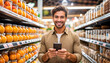 © ROKA Creative - A man with brown hair, glasses, and a denim jacket holding a smartphone in a grocery store