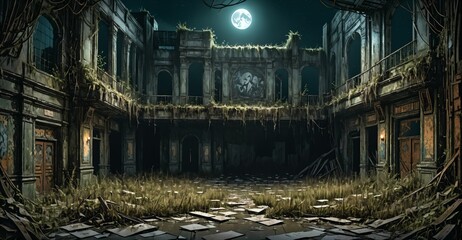 Wall Mural - old abandoned building theatre house post apocalyptic ruins. overgrown architecture exterior at night.