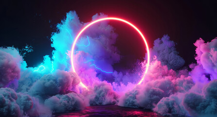 Wall Mural - A glowing circle is surrounded by clouds in a dark sky by AI generated image