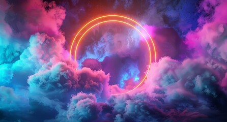 Wall Mural - A glowing circle is surrounded by clouds in a dark sky by AI generated image