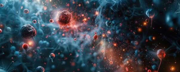 Abstract cosmic nebula with glowing gas and dust particles. Cosmic background of space with planets, stars, and galaxies.