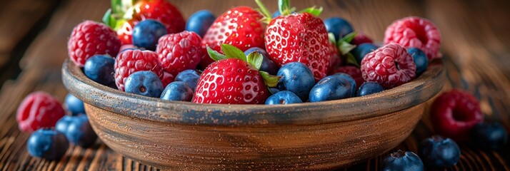 A close-up of a bowl of fresh berries, including strawberries, blueberries, and raspberries, AI Generative