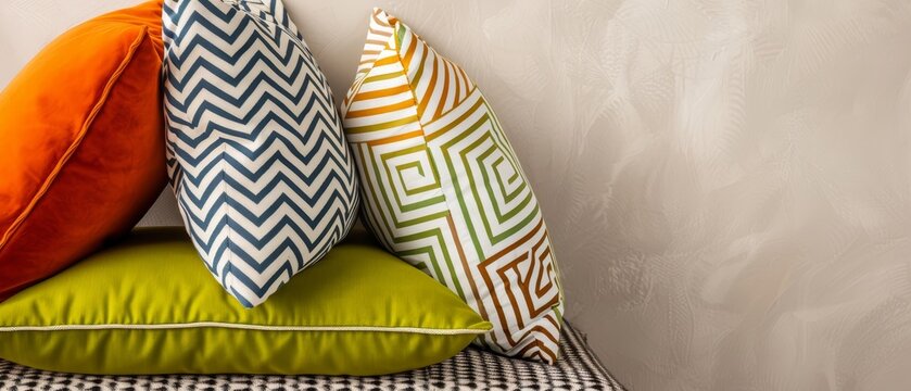 Brightly colored pillows neatly stacked, vibrant patterns, beige background, high contrast, cozy and inviting arrangement