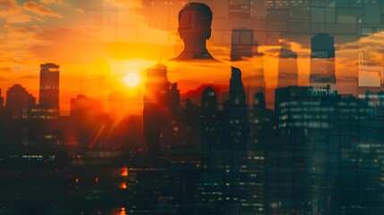 Wall Mural - The double exposure image of the business man standing back during sunset overlay with cityscape image