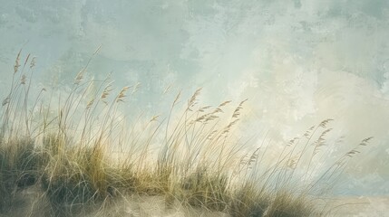 Poster - A painting of a field of grass with a cloudy sky in the background