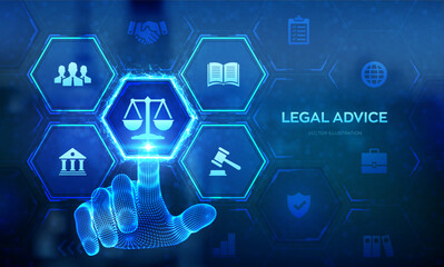 Wall Mural - Labor law, Lawyer, Attorney at law, Legal advice concept on virtual screen. Internet law and cyberlaw as digital legal services or online lawyer advice. Hand touching digital interface. Vector. EPS10.