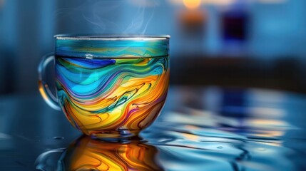 Poster - A colorful cup of tea sits on a table with a blue background
