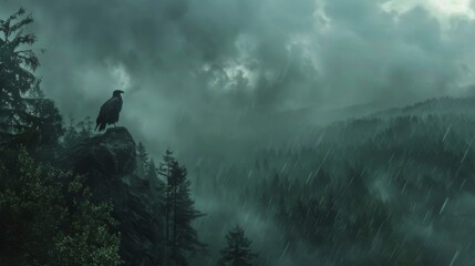 Wall Mural - A bird is perched on a rock in the rain