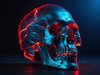 Ancient human skull head close-up Neon blue and red light Spooky and sinister Glamour, disco, halloween concept.