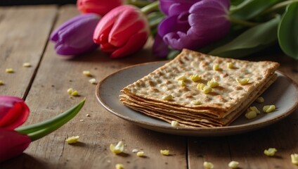 Wall Mural - Jewish holiday Passover celebration concept with matzah and tulip flowers on wooden table Pesah background.