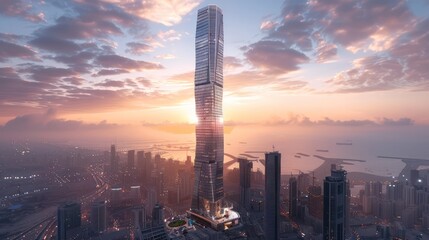 Wall Mural - a tall building with a sun setting in the background