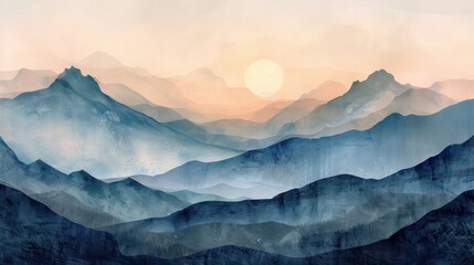 Poster - A painting of mountains with a sun in the sky