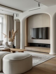 Wall Mural - Modern interior design, white columns with a built-in fireplace and wall TV, modern minimalism, light oak floors, gray walls, natural lighting, minimalist decor, modern artist style