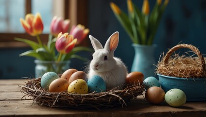 Wall Mural - Easter holiday background with tulip flowers, eggs decoration in bird nest and bunny on wooden blue table.