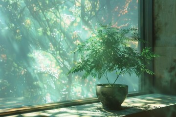 Potted Plant on a Windowsill with Holographic Projections, Bathed in Soft Morning Light from a Forest View
