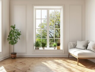 Wall Mural - Empty white living room with only a few pieces of furniture, small Windows looking out onto the garden, wooden floors, natural light