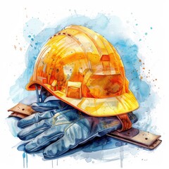 Watercolor Illustration of a Yellow Construction Helmet and Gloves with Blue Background