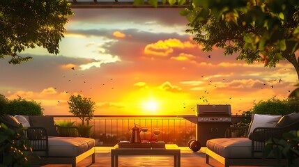 Wall Mural - welcome summer wallpaper with copy space, featuring a chic outdoor patio with designer furniture, a BBQ grill, and a sunset view over a beautiful landscape.