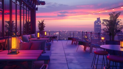 Poster - welcome summer wallpaper with copy space, highlighting a posh rooftop bar with stylish seating, ambient lighting, and a cityscape view at dusk.