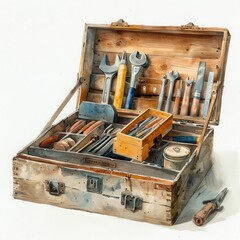 Vintage Wooden Toolbox with Assorted Hand Tools - Rustic and Authentic Workshop Equipment for DIY Enthusiasts