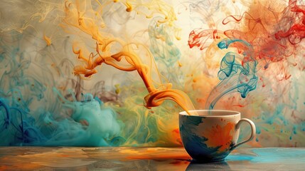 Poster - A cup of coffee is poured into a cup with colorful paint splatters