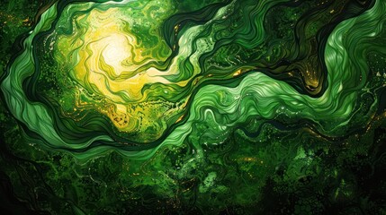 Poster - A painting of a green river with a yellow sun in the background