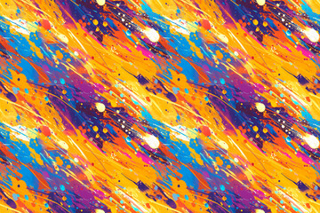 Wall Mural - A seamless multicolored paint splatter pattern with vibrant hues of blue, orange, and yellow creating a dynamic and energetic background