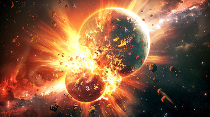 Wall Mural - planetary collision explosion  in the deep space