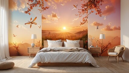 Sticker - Bedroom with Mountain Sunrise Wall Mural.