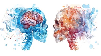 Wall Mural - Watercolor illustration of two detailed human skulls facing each other, one with a healthy brain and the other with cancer spreading to the back part, set against a white background