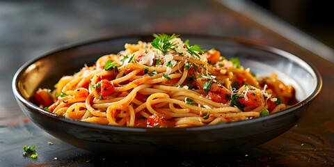 Sticker - Spaghetti dish beautifully presented on a dark background. Concept Food Photography, Pasta Presentation, Dark Background, Culinary Art, Delicious Cuisine