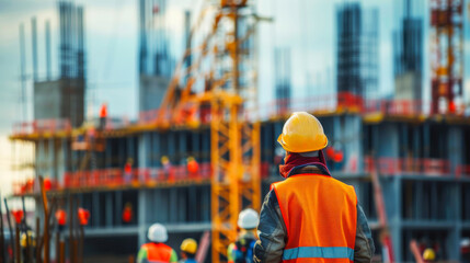 Construction Worker Overseeing Building Site Progress. A construction worker in safety vest and helmet overseeing the progress at a building site, highlighting construction and development activities.