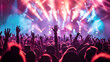 © OMGAi - Festival Crowd Enjoying Live Music Performance. A lively festival crowd raises their hands, enjoying live music performance with colorful lights and dynamic visuals, capturing essence of entertainment