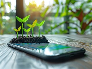 A smartphone screen displaying an app interface with charts and graphs tracking green investments, with seedlings sprouting on coins in the background, representing sustainable development and