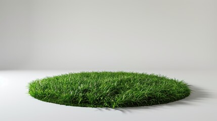 round patch of lush green grass placed on a plain, light grey background