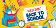 © Ocha Designs - Back to school text vector template design. Welcome back to school greeting in yellow backgrund, with school backpack and various other stationery.