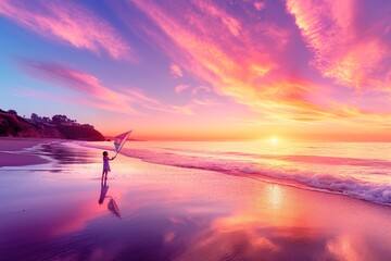 Wall Mural - Colorful Sunset Beach Walk with Vibrant Sky and Lone Surfer