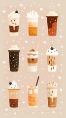 Wall Mural - An illustration of nine different iced coffee drinks with various toppings in a flat style