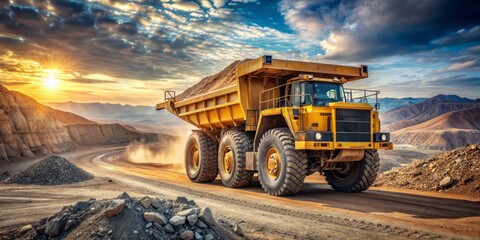 Massive yellow heavy hauler truck moves slowly along rugged dirt road in a vast open pit mine, carrying huge payload of extracted earth and rocks.