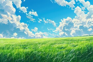 Grass Field landscape with blue sky and white cloud. Blue sky clouds sunny day wallpaper. Cartoon illustration of a Grass Field with blue sky in Summer. green field in a day.