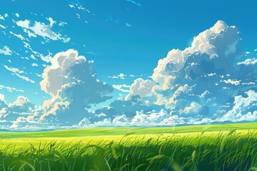 Grass Field landscape with blue sky and white cloud. Blue sky clouds sunny day wallpaper. Cartoon illustration of a Grass Field with blue sky in Summer. green field in a day.